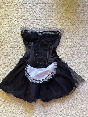 Black Strapless Tulle Maid Costume Dress with White Apron - Size Small